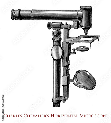 Charles Chevalier's Horizontal Microscope without reflecting optics and with an achromatic objective, developed in 1834 in Paris - France