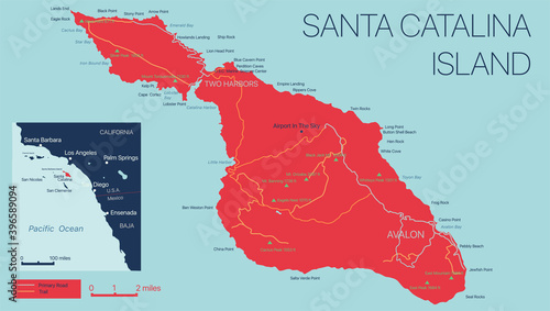 Vector detailed map of Santa Catalina Island, California, USA. Editable map with with cities and towns, geographic sites, roads, railways. Vector EPS-10 file, trending color scheme