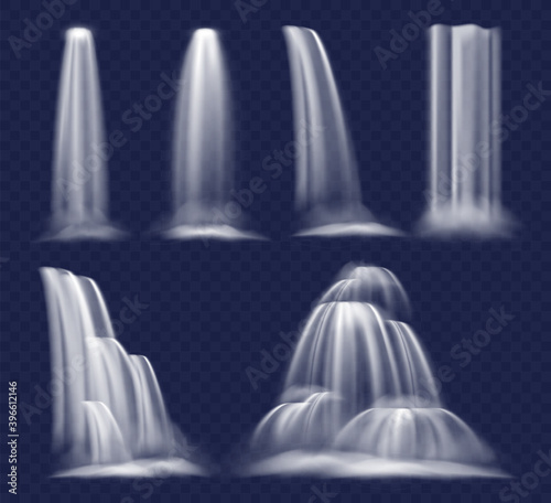 Realistic waterfall set, clear water stream falling down