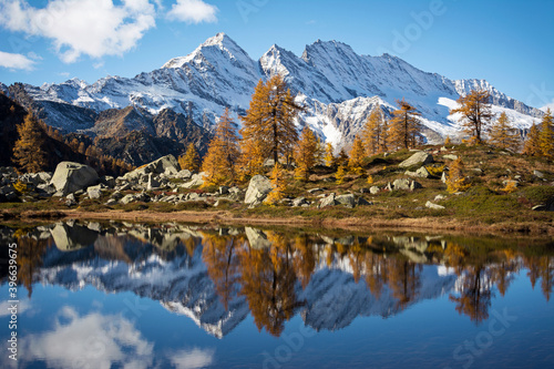 Scenic autumn mountains landscape with alpine lake. Gran Paradiso National Park. Italy