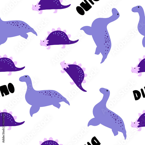 blue dinosaurs seamless vctor pattern on white background hand drawn lettering