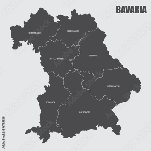 The Bavaria isolated map divided in regions with labels, Germany