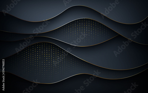 Wavy black overlap layer background with golden glitters and golden line