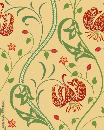 Red big lily seamless pattern on beige background. Vector illustration.