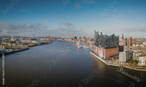 Aerial view of the port of Hamburg with the Elbphilharmonie 