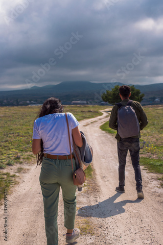 Hiking couple walking, travel sport lifestyle concept