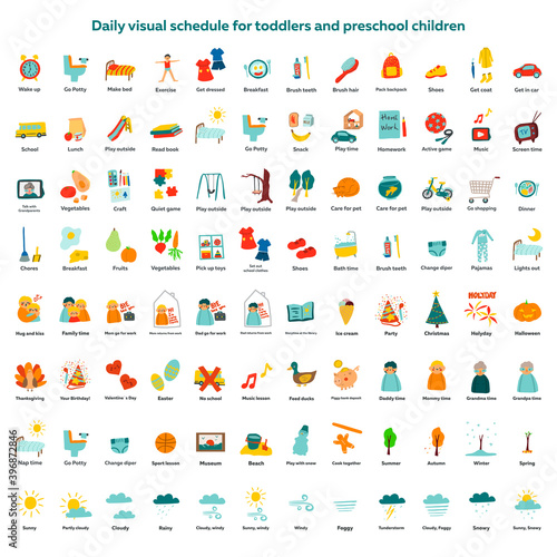 Daily visual schedule for toddlers and preschool children. Childish vector illustration in cartoon style