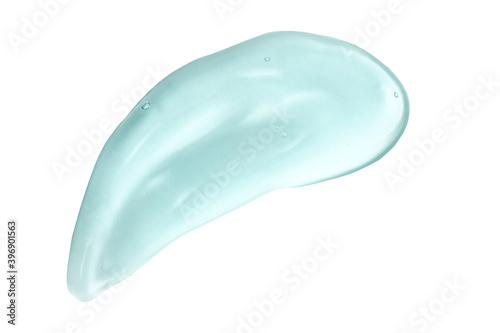 Hyaluronic acid serum blob smear smudge isolated. Transparent skincare blue gel texture Closeup of jelly product swatch. Beauty skin care liquid, shampoo, cleanser, lubricant, sanitizer sample. Macro