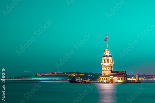 Magnific view of Maiden's Tower (aka Kiz kulesi) at night time. Istanbul's main attractions. Wondeful Tyrkey. Travel to Turkey