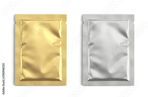 Blank gold and silver metal sachet packet isolated on white. Small pack sachet mockup. 3d rendering