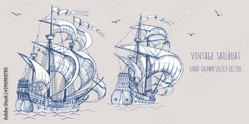 Old caravel, vintage sailboat. Hand drawn vector sketch.