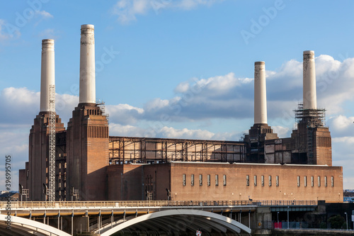 Battersea Power Station in London England UK a coal fired building built in 1935 now decommissioned and being redeveloped on the bank of the River Thames, stock photo image