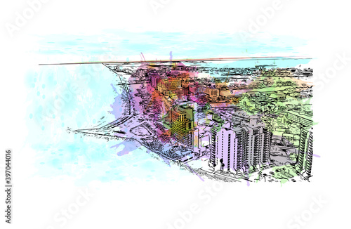 Building view with landmark of Clearwater is the city in Florida. Watercolour splash with hand drawn sketch illustration in vector.