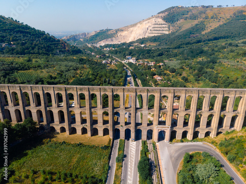 Aerial view. The Aqueduct of Vanvitelli, Caroline. Valle di Maddaloni, near Caserta Italy. 17th century. Large stone structure for transporting water. Viaduct.