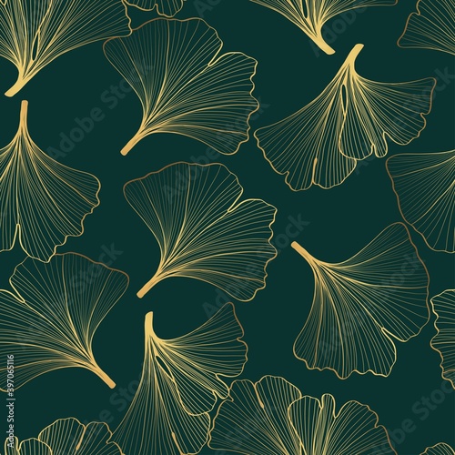 Golden Green Ginkgo leaves background. Luxury Floral art deco. Gold natural pattern design Bordo illustration.