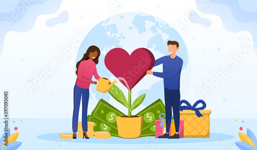 Philanthropy abstract concept. Voluntary charity persons. Symbolic love, humanity as nonprofit social teamwork. Support contribution, gifts and abstract public improvement. Vector illustration