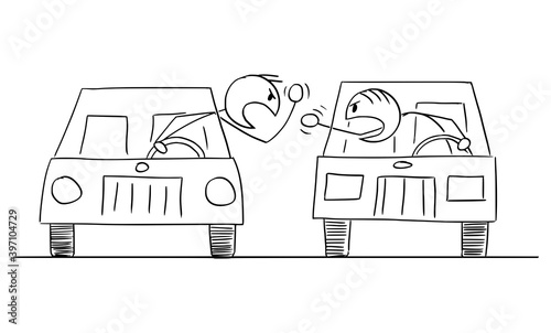 Vector cartoon stick figure illustration of two aggressive angry car drivers arguing or fighting.