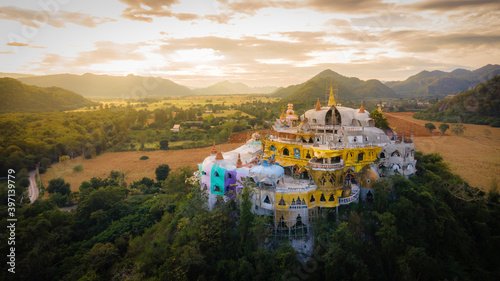 Panorama Landscape of Temple on the mountain at Simalai Songtham Temple in Khao Yai, Pak Chong, Nakhon Ratchasima, Thailand in sunset time