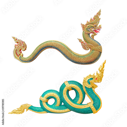 Serpent king or king of naga statue two style in Thai temple isolated on white background with clipping path.