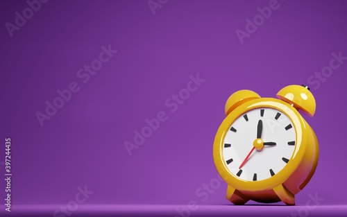 3D Render Yellow Vintage Alarm Clock with Purple Background 