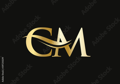 CM Letter Linked Logo for business and company identity. CM logo design gold swoosh. Elegance CM letter logo design.