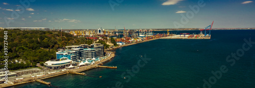 Odessa Ukraine. Air panorama the beach Langeron and sea port at summer time.