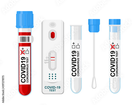 COVID-19 test set, rapid blood sample test, test tube and swab test for COVID-19 test.