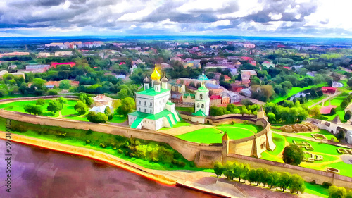 Aerial view of the Trinity Cathedral colorful painting looks like picture