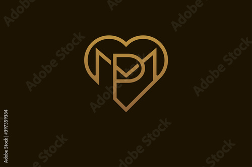 Abstract initials M and P logo, gold colour line style heart and letter combination, usable for brand, card and invitation, logo design template element,vector illustration