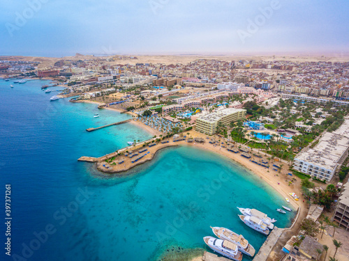 An aerial view on Hurghada town located on the Red Sea coast in Egypt.