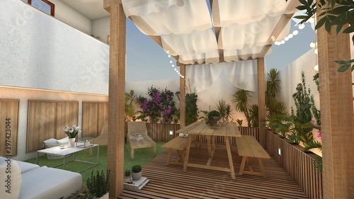 proyecto terraza jardín con comedor y zona relax 