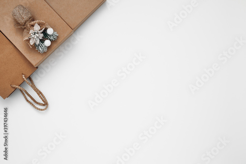Gift boxes and gift bag on a white background. Black Friday. Copy space, flat lay, mock up, top view.