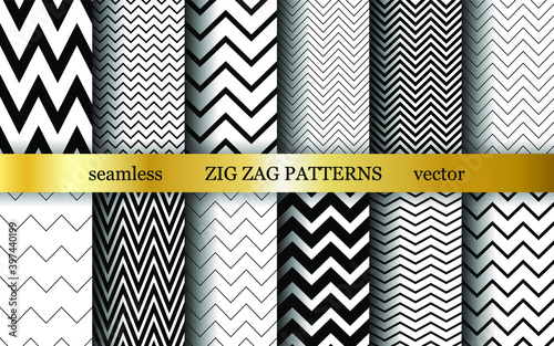 Set of seamless vector zig zag patterns. Collection of romantic zigzag wavy lines background. For decoration, fabric, textile, wrapping, cover, design etc.