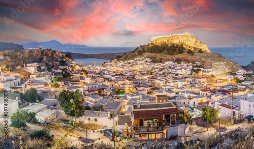 Landscape with Lindos village and castle at twilight time in Rhodes, Greece