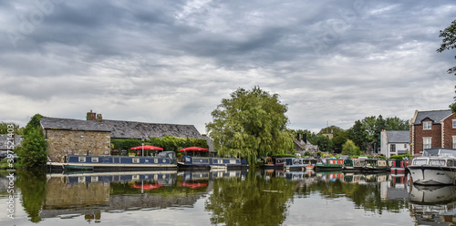 Narrowboats moored in the marina of the Lancaster Canal at Garstang in Lancashire