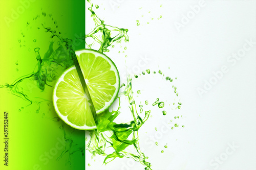 Sliced lime in a splash of juice top view. Concept for fruit background, food, freshness. 3D illustration, 3D render.