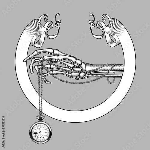 Engraved vintage drawing of a Skeleton hand with a retro pocket watch and ribbon banner