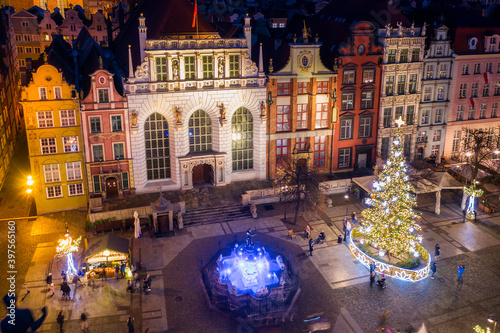 Christmas tree and decorations in the old town of Gdansk at dusk, Poland