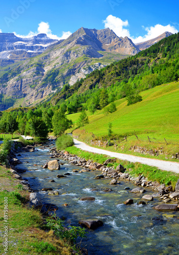 Summer mountain landscape. Gavarnie Cirque in the Pyrenees national park. France.