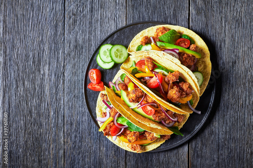 chicken street corn tacos with veggies and salsa