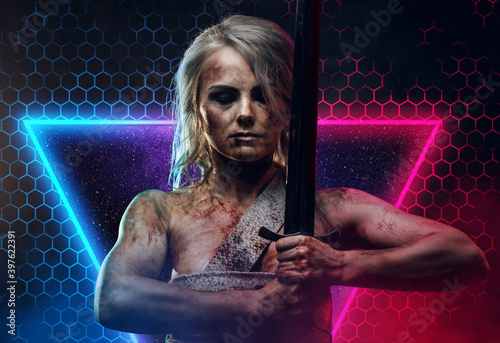 Powerful and bandaged female barbarian with gray hairs and grimy skin poses in abstract and colourful background holding her sword pointing it up.