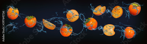 Panorama with fruits in water - juicy persimmons help to maintain vigor for the whole day