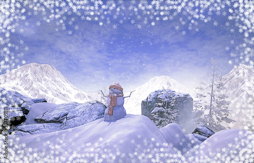 Pupazzo di neve e montagne con fiocchi stilizzati