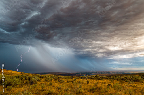 Summer thunderstorm passes over the desert near Ephrata and Soap Lake in Grant County Washington