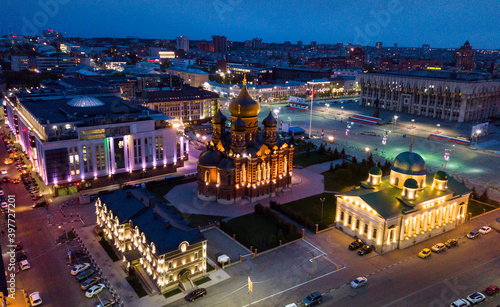 Night cityscape of Russian city Tula with Orthodox Cathedral, Regional administration and Transfiguration Church