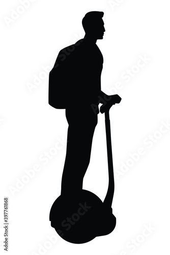 Young man on moving segway silhouette vector, transportation.