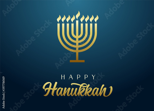 Happy Hanukkah golden menorah with lettering, candles and flame light on blue background. Jewish holiday hanuka vector illustration