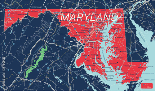 Maryland state detailed editable map with cities and towns, geographic sites, roads, railways, interstates and U.S. highways. Vector EPS-10 file, trending color scheme