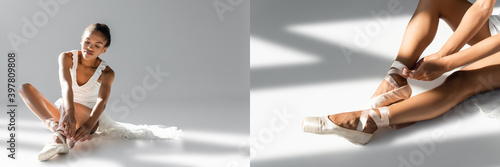 collage of graceful african american ballerina in pointe shoes sitting on floor on white background, banner