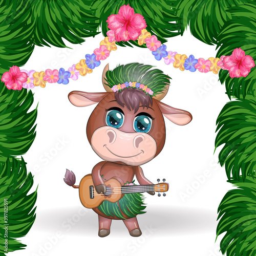 Cute cartoon bull, cow with beautiful eyes, Hawaiian hula dancer character with ukulele guitar among leaves, flowers. Chinese new year cute bull mascot